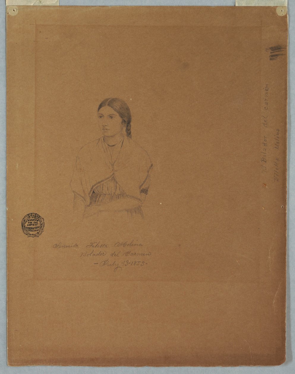 Disegno, Ritratto di ragazza boliviana: Senorita Filetta Molina Bolador del Carmen, Colombia, 13 luglio 1853. da Frederic Edwin Church