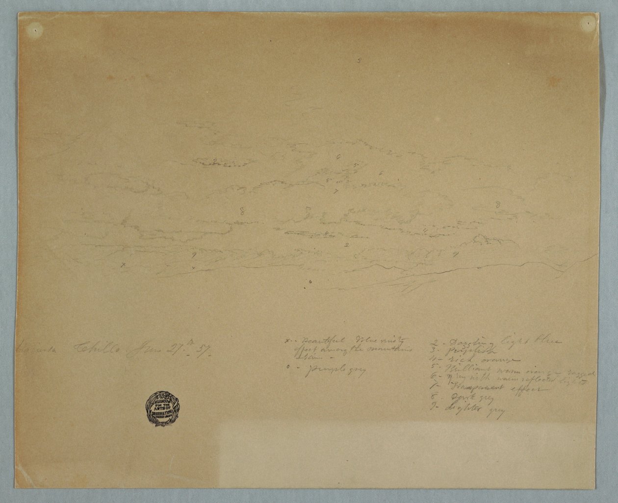 Disegno, Pioggia che cade da un cielo nuvoloso su crinali montuosi, Hacienda Chillo, Ecuador, 27 luglio 1857 da Frederic Edwin Church
