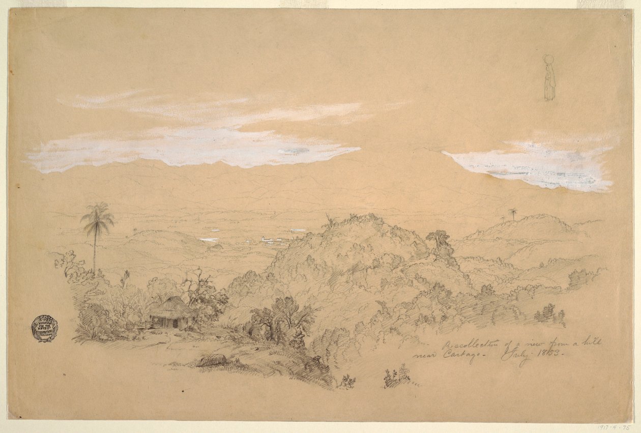 Disegno, Ricordi di una veduta da una collina vicino a Cartago, Colombia, con una donna che porta un vaso d