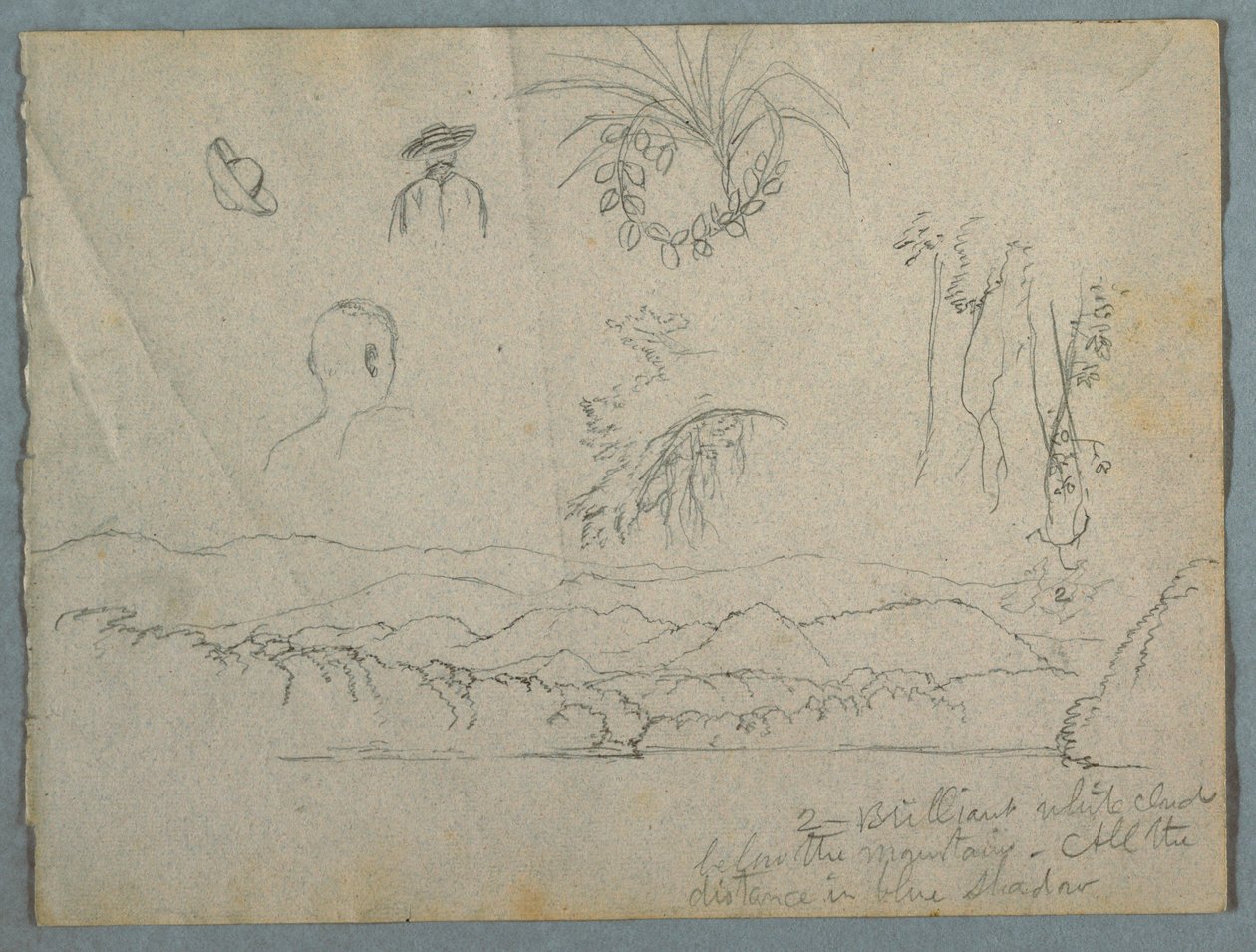 Disegno, riva del fiume con montagne e nuvole, tre schizzi botanici e studi di busti di uomini con cappello, 1853 da Frederic Edwin Church