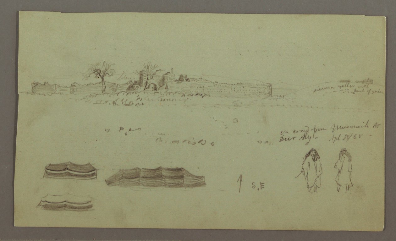 Disegno, Rovine circondate da mura, tende, due studi di figure, 28 aprile 1868 da Frederic Edwin Church