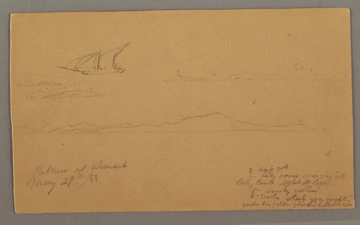 Disegno, veliero, costa montuosa, isole, 29 maggio 1868 da Frederic Edwin Church