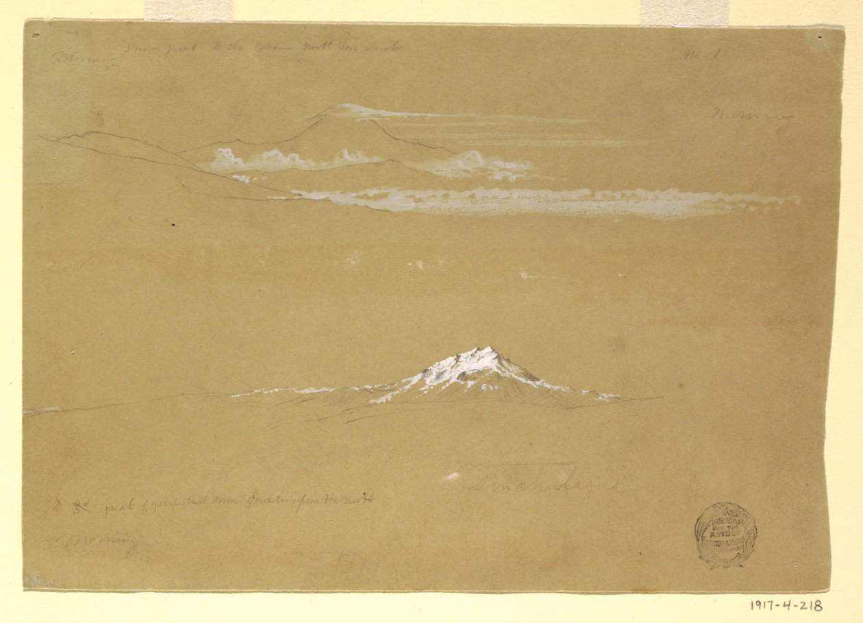 Disegno, Sincholagua, mattina, dal Tempio del Sole, Quito, 24 giugno 1857 da Frederic Edwin Church