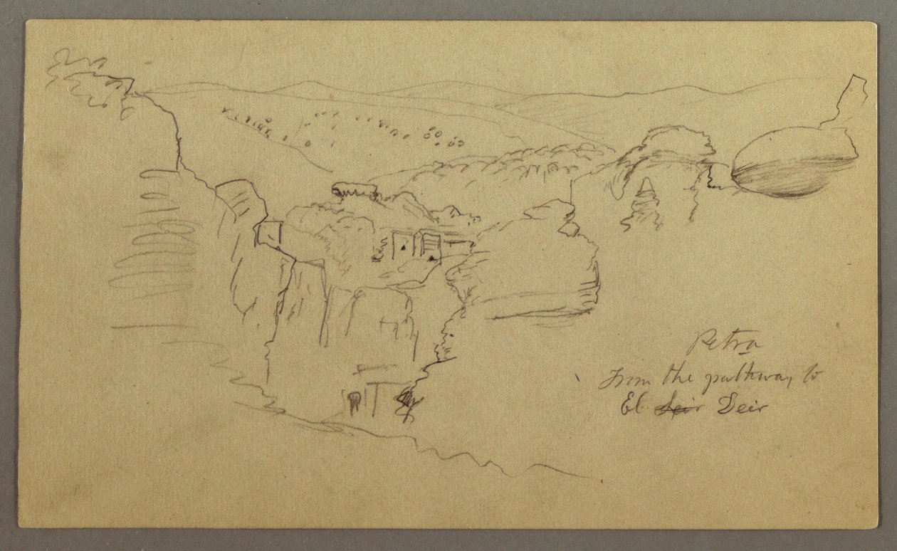 Disegno, schizzo. Veduta di Khirbet en Wasara "Petra / dalla strada che porta a / El Deir", forse 1868, 26 febbraio da Frederic Edwin Church