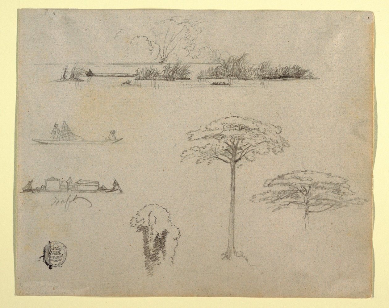 Disegno, Schizzi dalla Colombia: Paesaggio fluviale, uomini su zattere e alberi, 1853 da Frederic Edwin Church