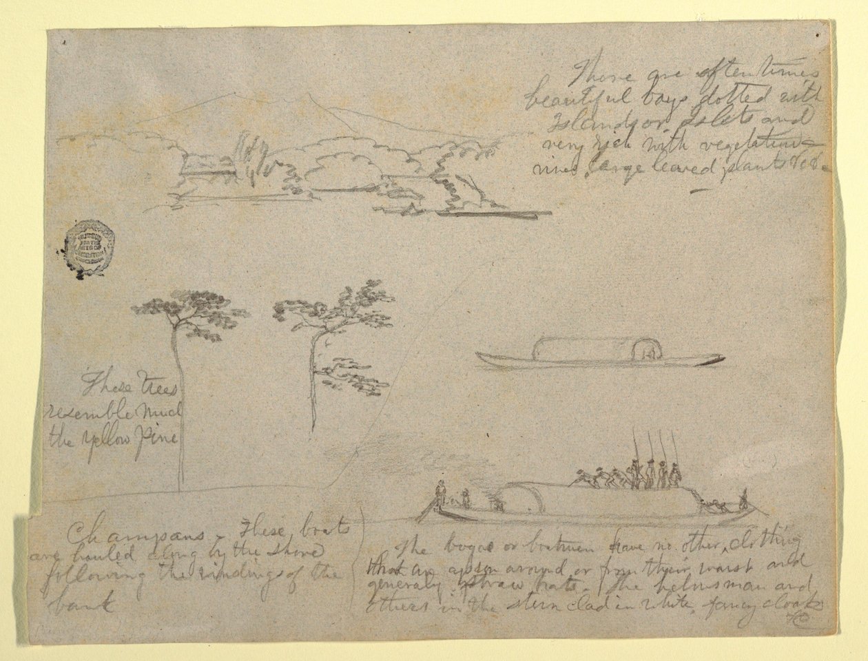 Disegno, Schizzi dalla Colombia: Alberi e imbarcazioni fluviali (Champans), 1853 da Frederic Edwin Church