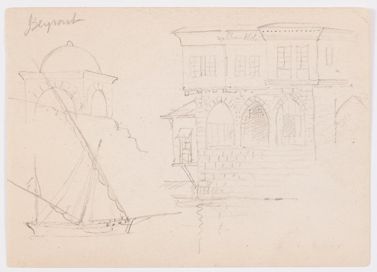Disegno, schizzi di una struttura a cupola, di una nave e di una casa signorile, gennaio 1868 da Frederic Edwin Church