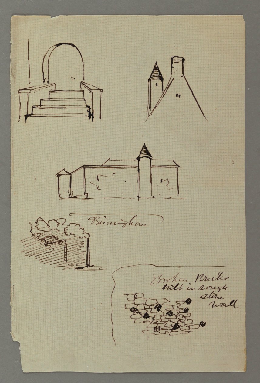 Disegno, scale, tetto con torre, muro di pietra, forse 1869 da Frederic Edwin Church