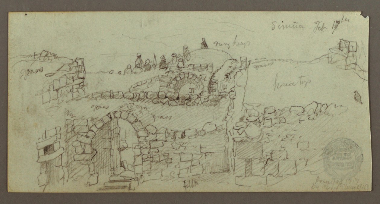 Disegno, edificio in pietra, uomini riuniti sul tetto, 17 febbraio, forse 1868 da Frederic Edwin Church