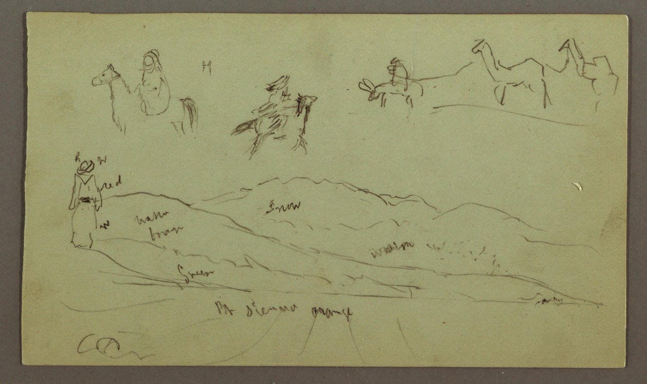 Disegno, Studi di figure su asini e asini, figura su collina, forse 1868 da Frederic Edwin Church