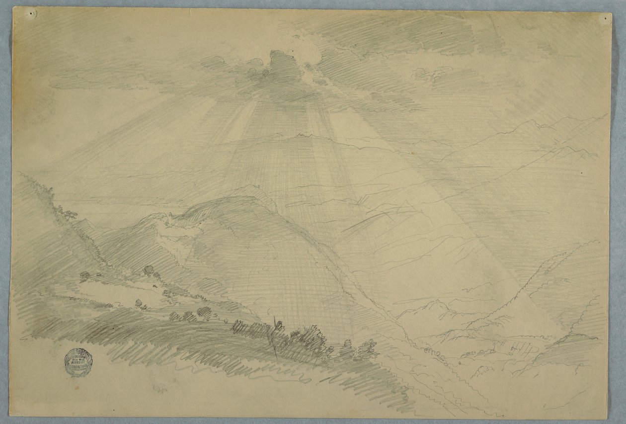 Disegno, Sole che irrompe attraverso le nuvole su una valle montuosa, Giamaica, luglio 1865 da Frederic Edwin Church
