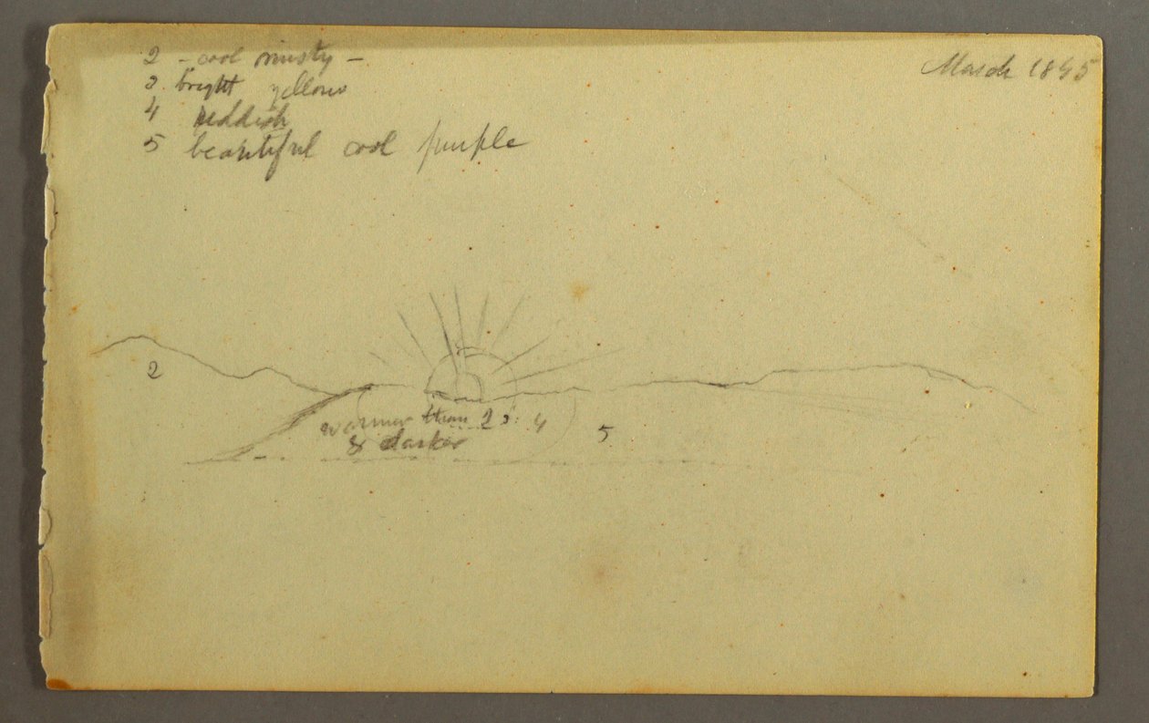Disegno, Sole che tramonta dietro le basse colline, 1845 da Frederic Edwin Church