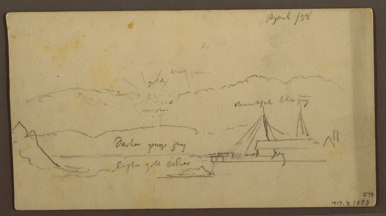 Disegno, Tramonto sulla riva con nave, 1858 da Frederic Edwin Church