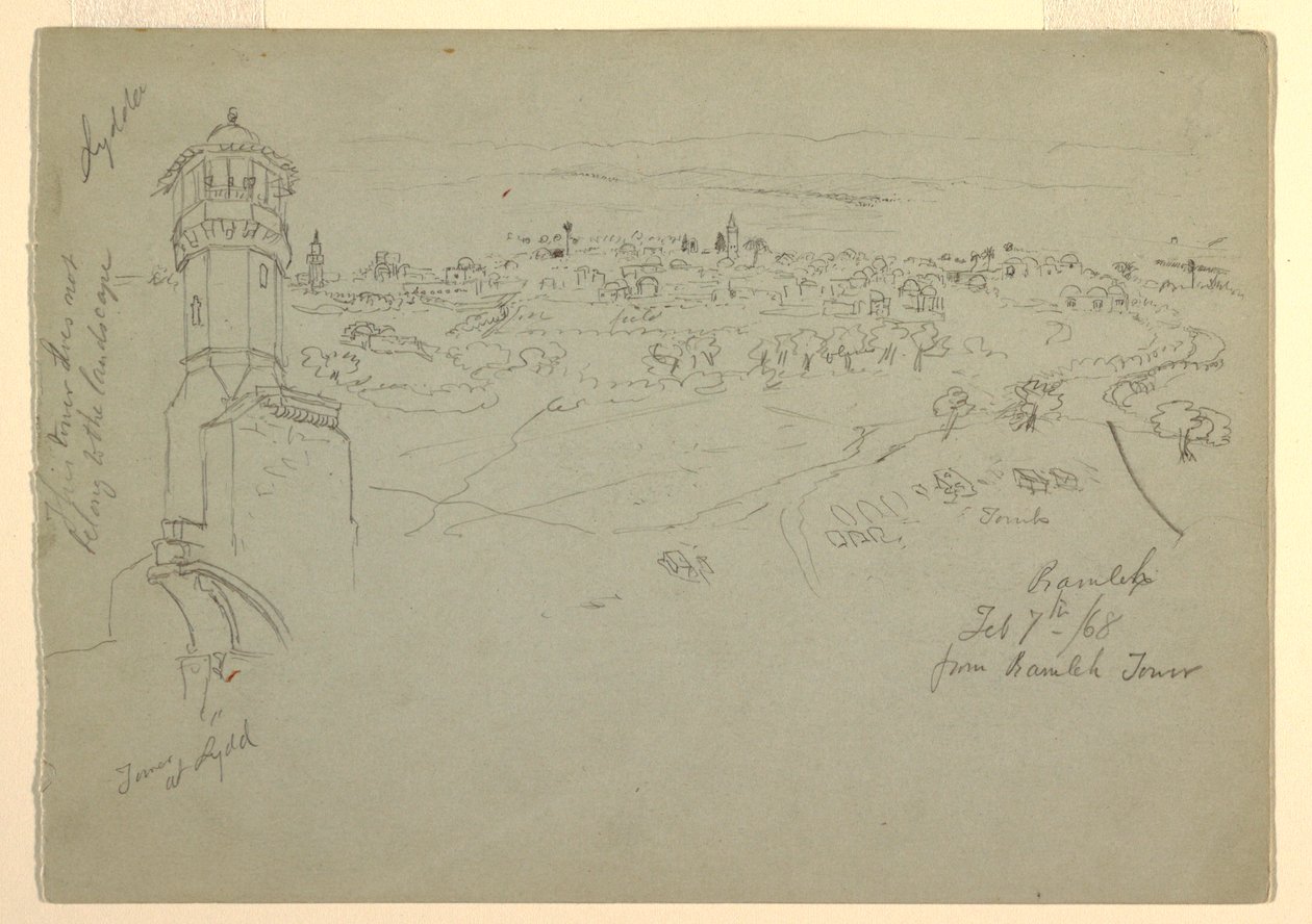 Disegno, Torre di Lydda e Ramleh vista dalla Torre di Ramleh, Palestina [Ramleh, Israele], 7 e 10 febbraio 1868 da Frederic Edwin Church