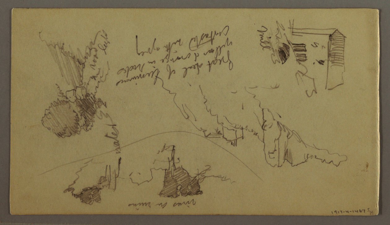 Disegno, Città sotto la cima di una montagna, città in cima alla collina, forse 1868-69 da Frederic Edwin Church