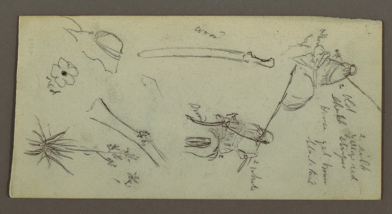 Disegno, due figure a cavallo, con lance, spada, parte inferiore di un cannone, ecc., forse 1868 da Frederic Edwin Church