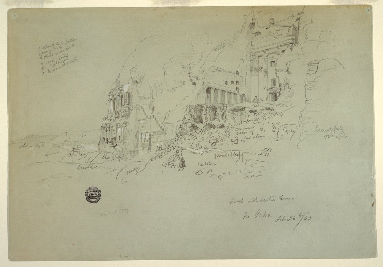Disegno, tomba a urna, tomba di seta e tomba corinzia, Petra, 26 febbraio 1868 da Frederic Edwin Church