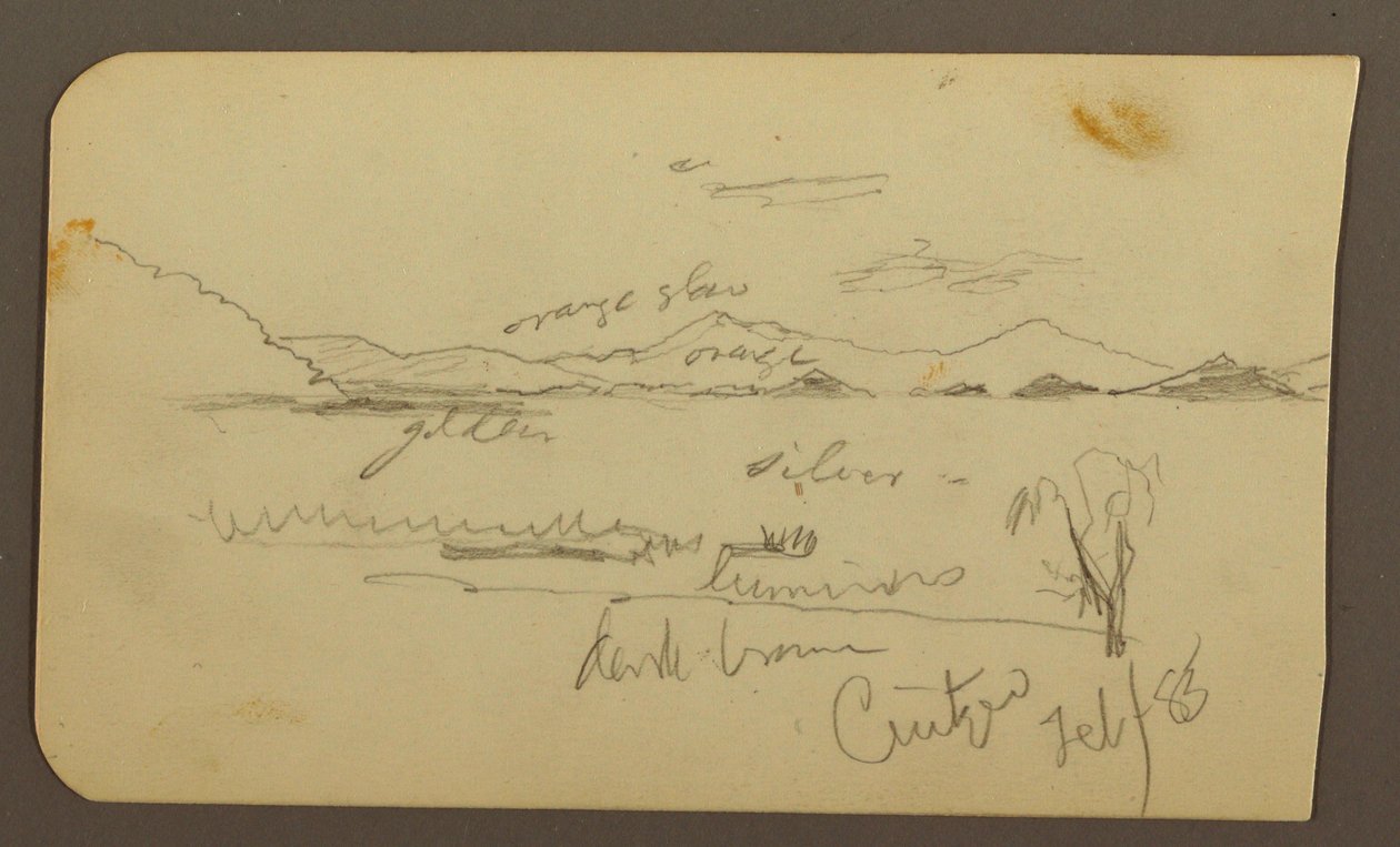 Disegno, Veduta vicino alla riva del lago, Cuitzeo; verso: veduta vicino al lago Ahore, Cuitzeo, febbraio 1885 da Frederic Edwin Church