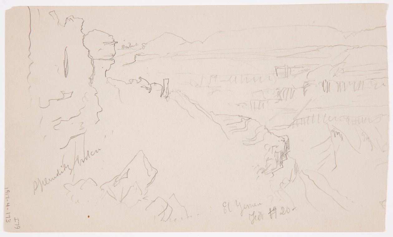 Disegno, Veduta delle colline e della pianura verso le montagne, Valle di El Yemen, febbraio 1868 da Frederic Edwin Church