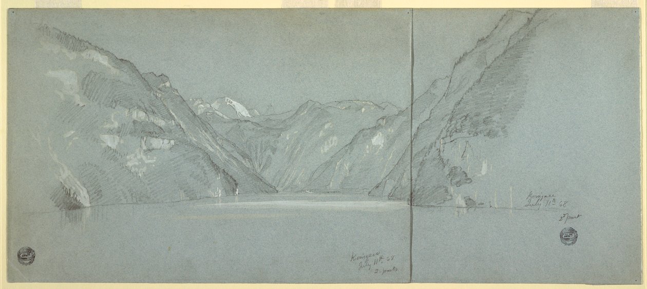 Disegno, Veduta del lago Konigssee con il Falkenstein, vicino a Berchtesgaden, Baviera, Germania, parte 2, 11 luglio 1868 da Frederic Edwin Church