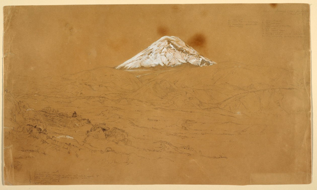 Disegno, veduta del monte Chimborazo coperto di neve disegnata vicino a Guanojo e Guaranda, Ecuador, 12 giugno 1857 da Frederic Edwin Church