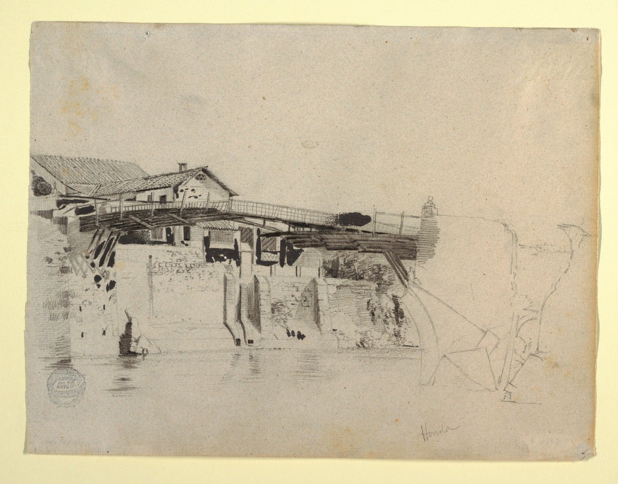 Disegno, veduta del ponte e delle case di Honda, Colombia, 1853 da Frederic Edwin Church