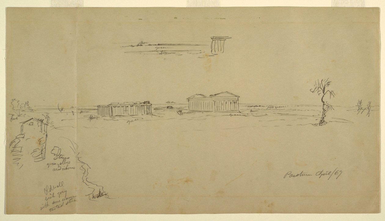 Disegno, Vedute della Basilica e del Tempio di Nettuno, Paestum, Italia, aprile 1869 da Frederic Edwin Church