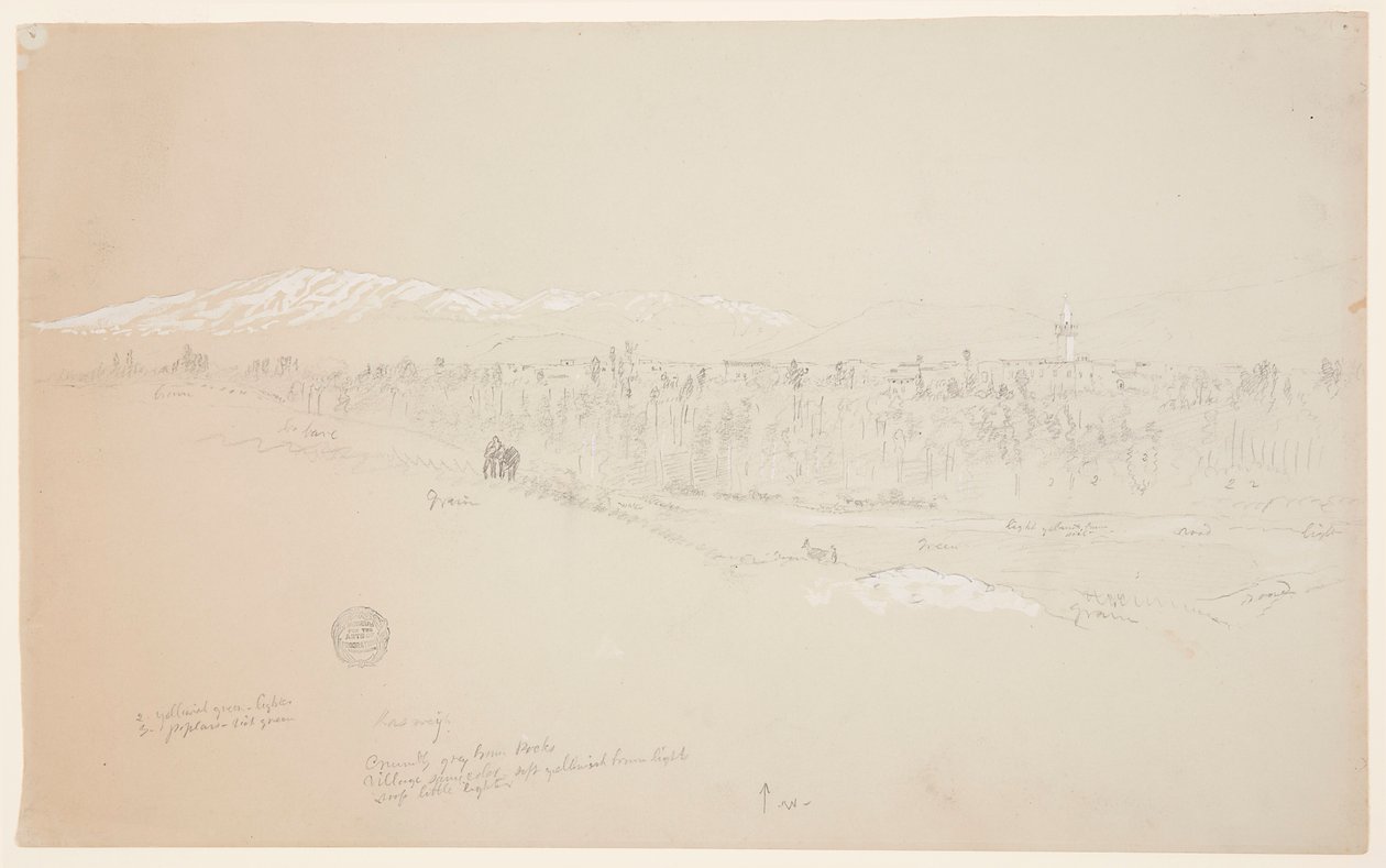 Disegno, villaggio di Kuseiyeh, Monte Libano in lontananza, maggio 1868 da Frederic Edwin Church