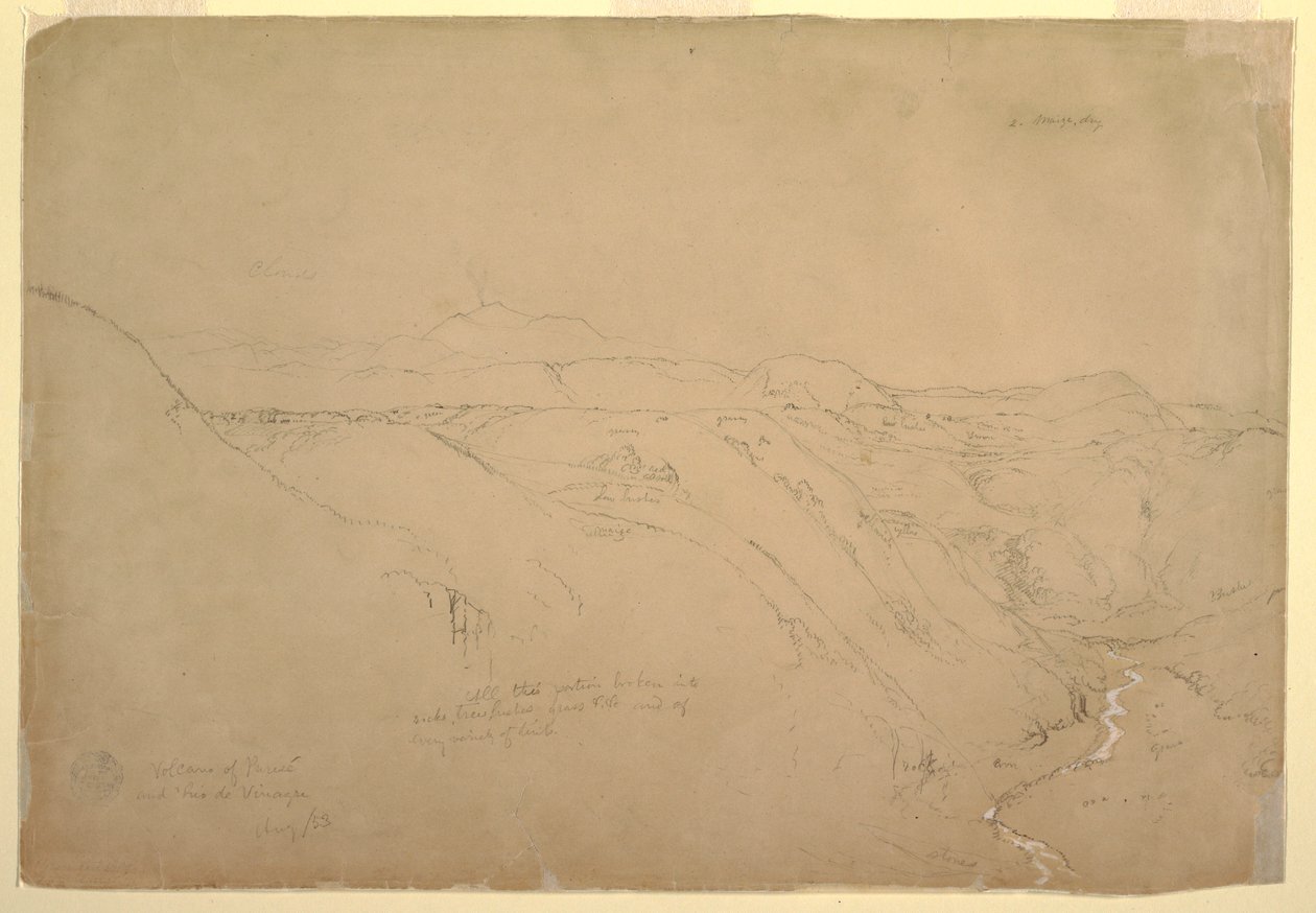 Disegno, il vulcano Puresé e il Rio de Vinagre, Purese, Colombia, agosto 1853 da Frederic Edwin Church