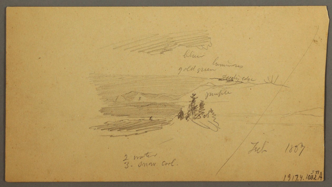 Disegno, collina boscosa, valle collinare, sole, gennaio 1866 da Frederic Edwin Church