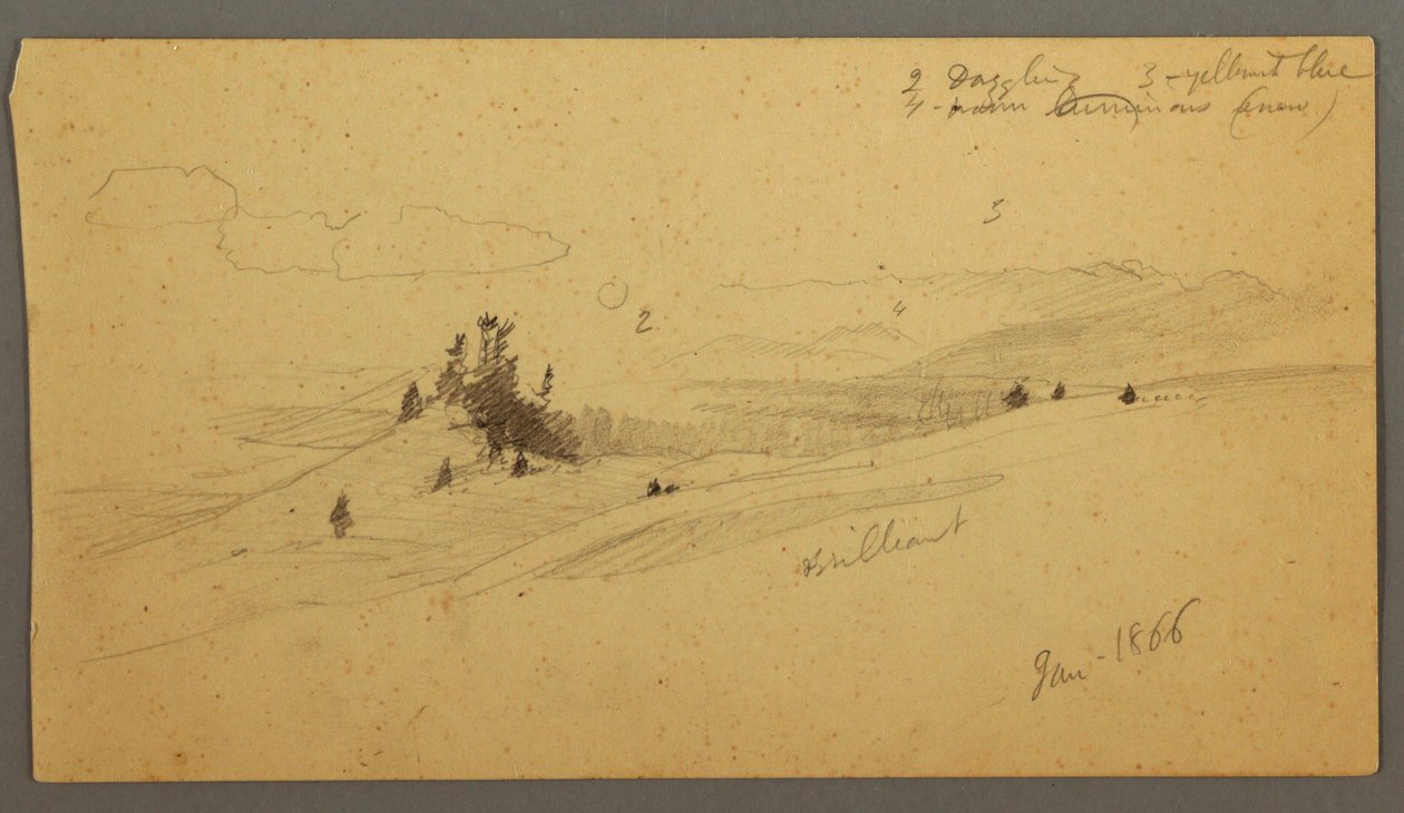 Disegno, collina boscosa, valle collinare, sole, gennaio 1866 da Frederic Edwin Church