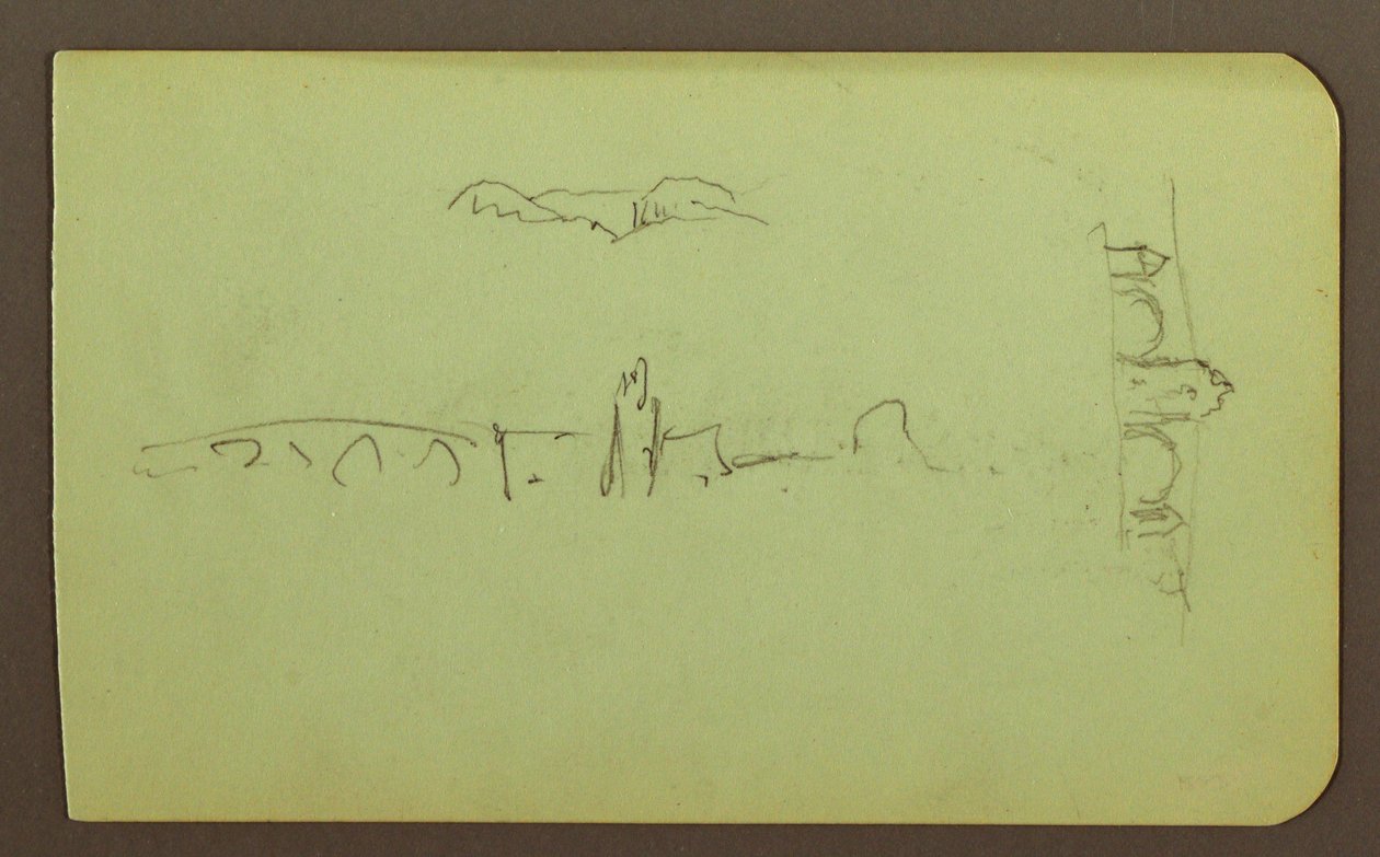 Disegno, colline, chiesa, ponte; verso: figura, croce, chiesa, 1883 da Frederic Edwin Church
