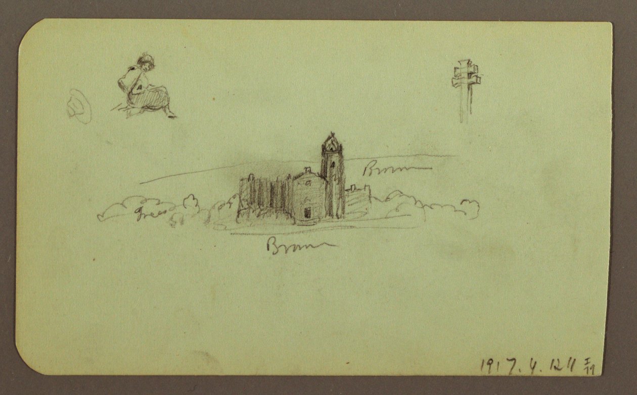 Disegno, colline, chiesa, ponte; verso: figura, croce, chiesa, 1883 da Frederic Edwin Church