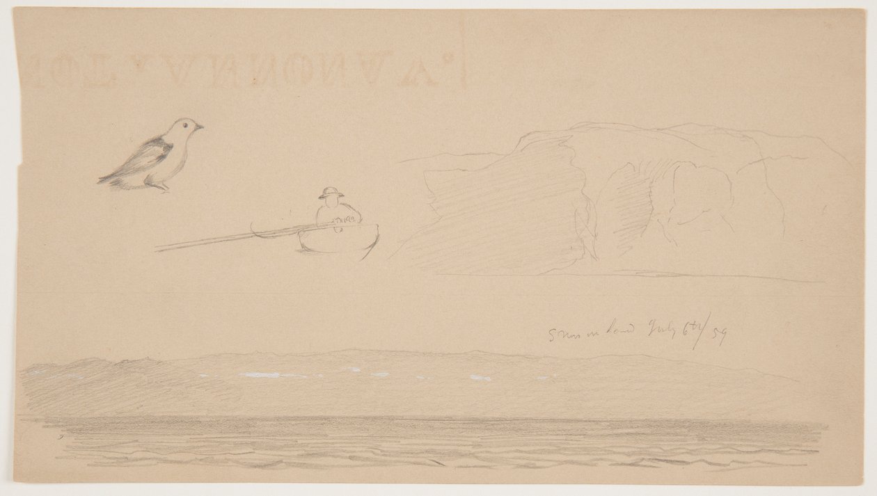 Schizzi dal Labrador di neve sulla terra, uomo in barca e uccello da Frederic Edwin Church
