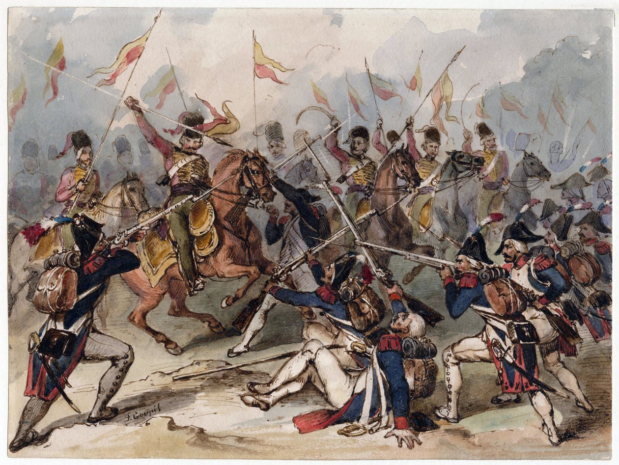 La fanteria francese e gli ussari russi in combattimento ad Austerlitz da Frédéric Goupil Fesquet