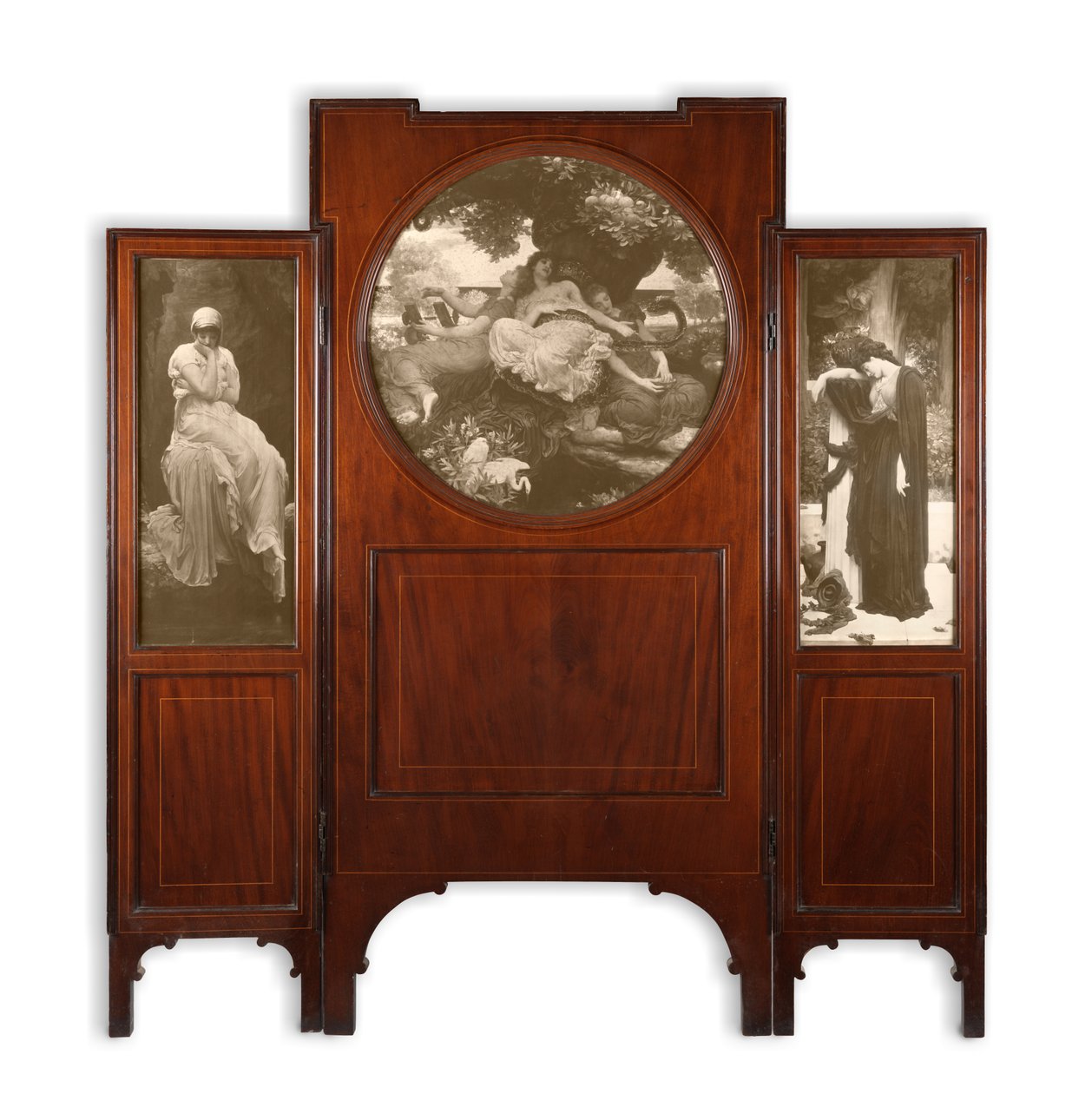 Schermo a tre ante in mogano con intarsi stampati da Frederic Leighton