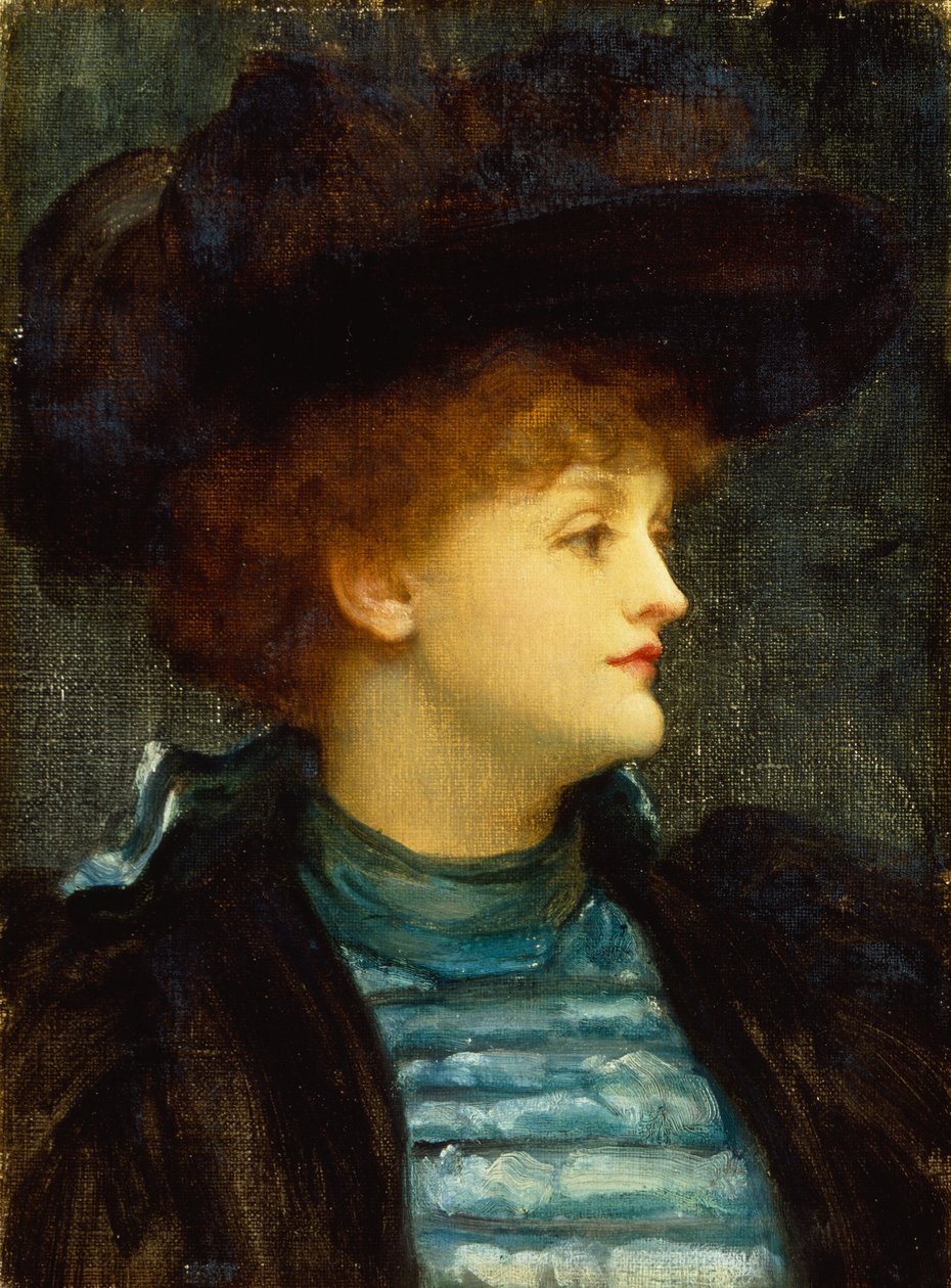 Ritratto di donna in abito turchese con cappotto e cappello nero da Frederic Leighton