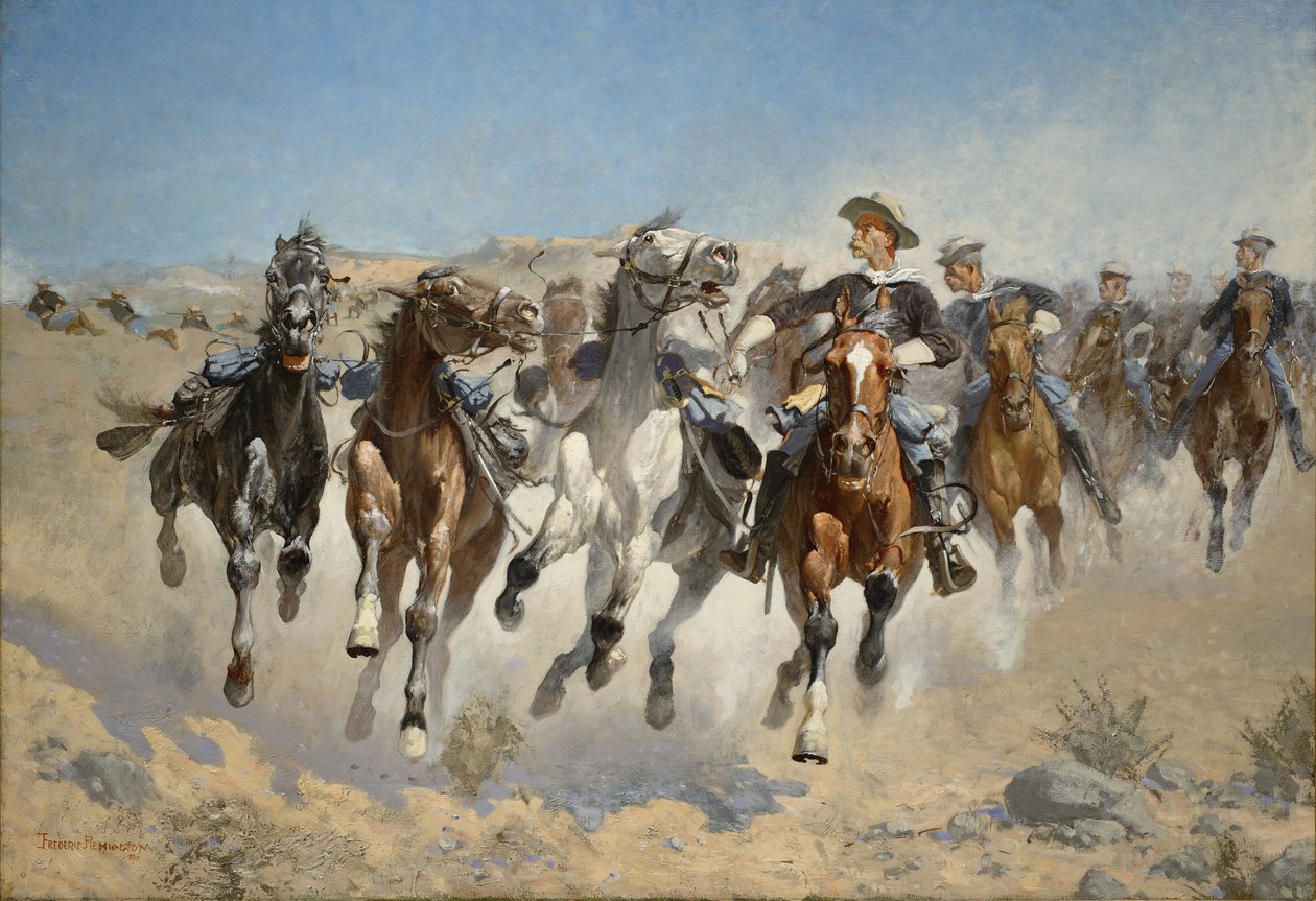 Smontati: i cavalieri del quarto reggimento muovono i cavalli condotti da Frederic Remington