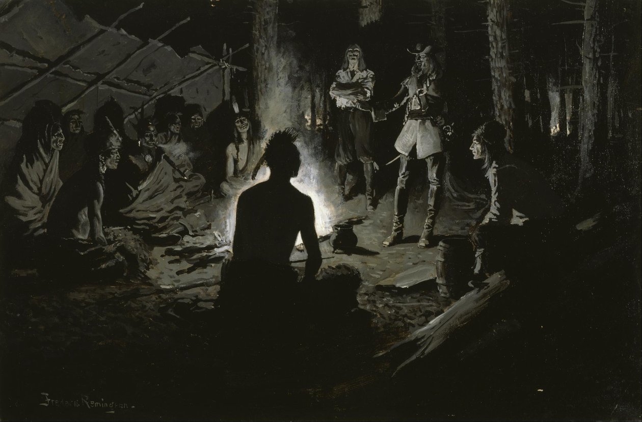 Consiglio degli esploratori francesi con gli indiani da Frederic Remington