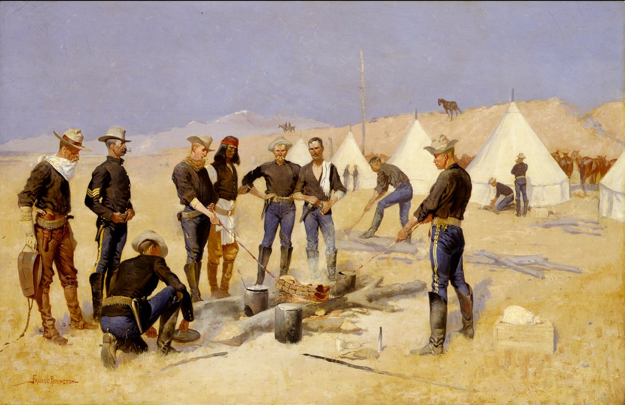 Arrostire il manzo di Natale in un accampamento di cavalleria da Frederic Remington