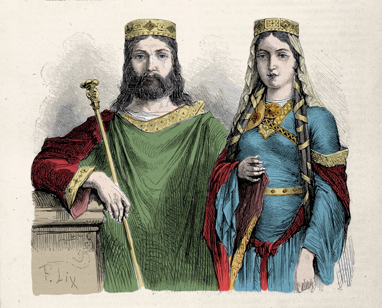 Clodoveo (481-511) re dei Franchi con la sua seconda moglie Santa Clotilde (Clotilde) regina. Incisione di Lix da Frederic Theodore Lix