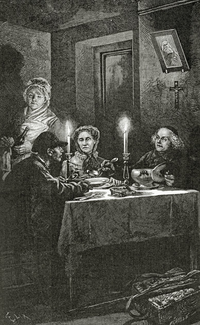 Jean Valjean è accolto e curato dal Vescovo Myriel, XIX secolo da Frederic Theodore Lix