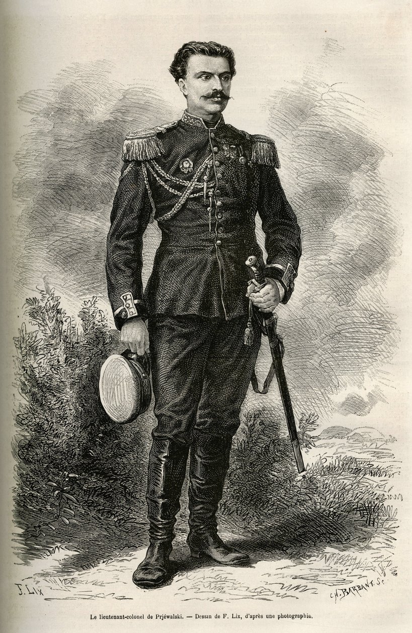 Ritratto del viaggiatore e narratore Tenente Colonnello di Prjewalski, disegno di F. Lix per illustrare il viaggio in Mongolia e nella terra dei Tanguti dal 1870 al 1873, del Tenente Colonnello di Prjewalski. Incisione in Le tour du monde. da Frederic Theodore Lix