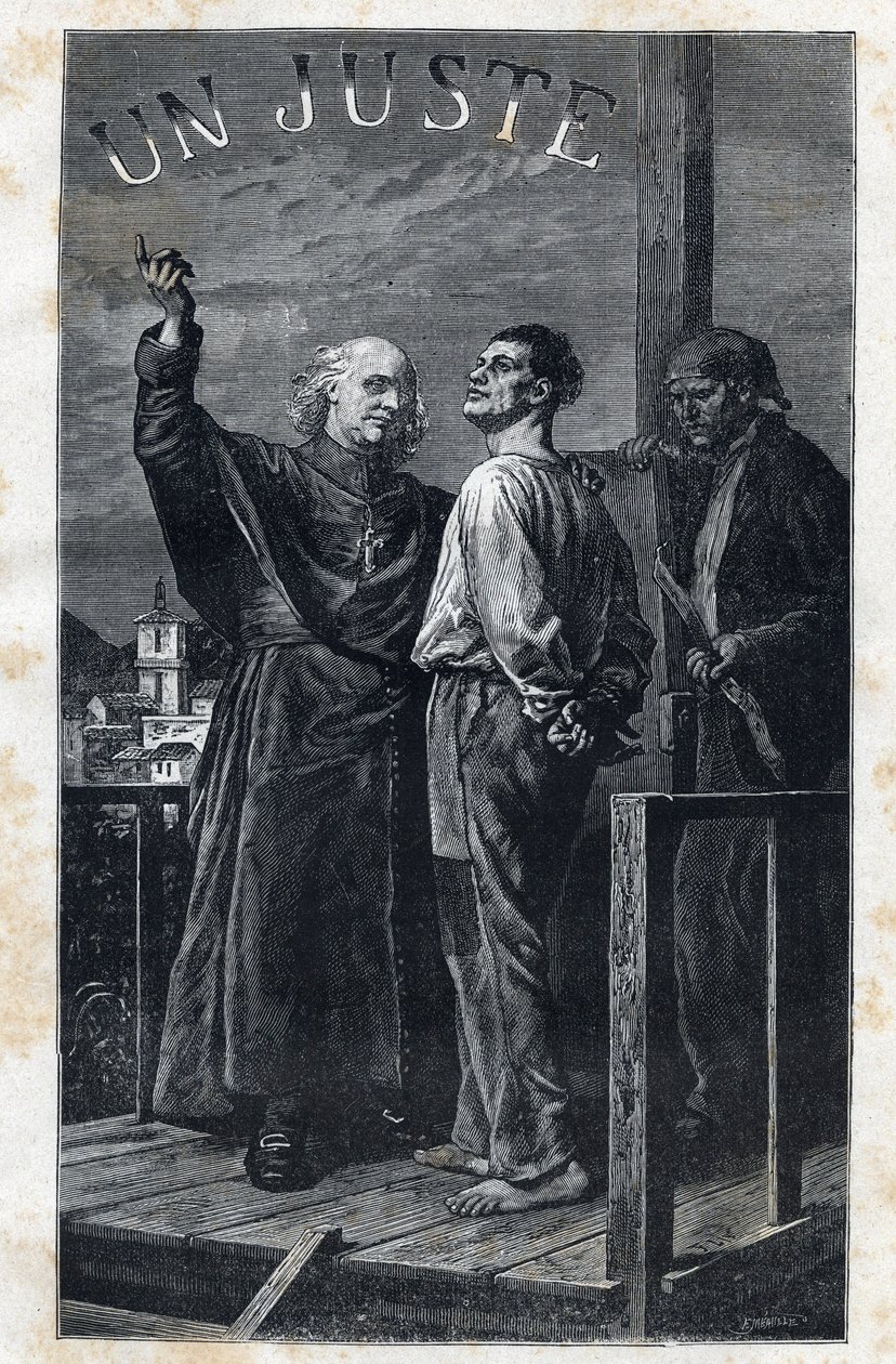 Il vescovo Myriel accompagna un condannato a morte che sale sul patibolo - Illustrazione di Frederic Theodore Lix (1830-1897) per 