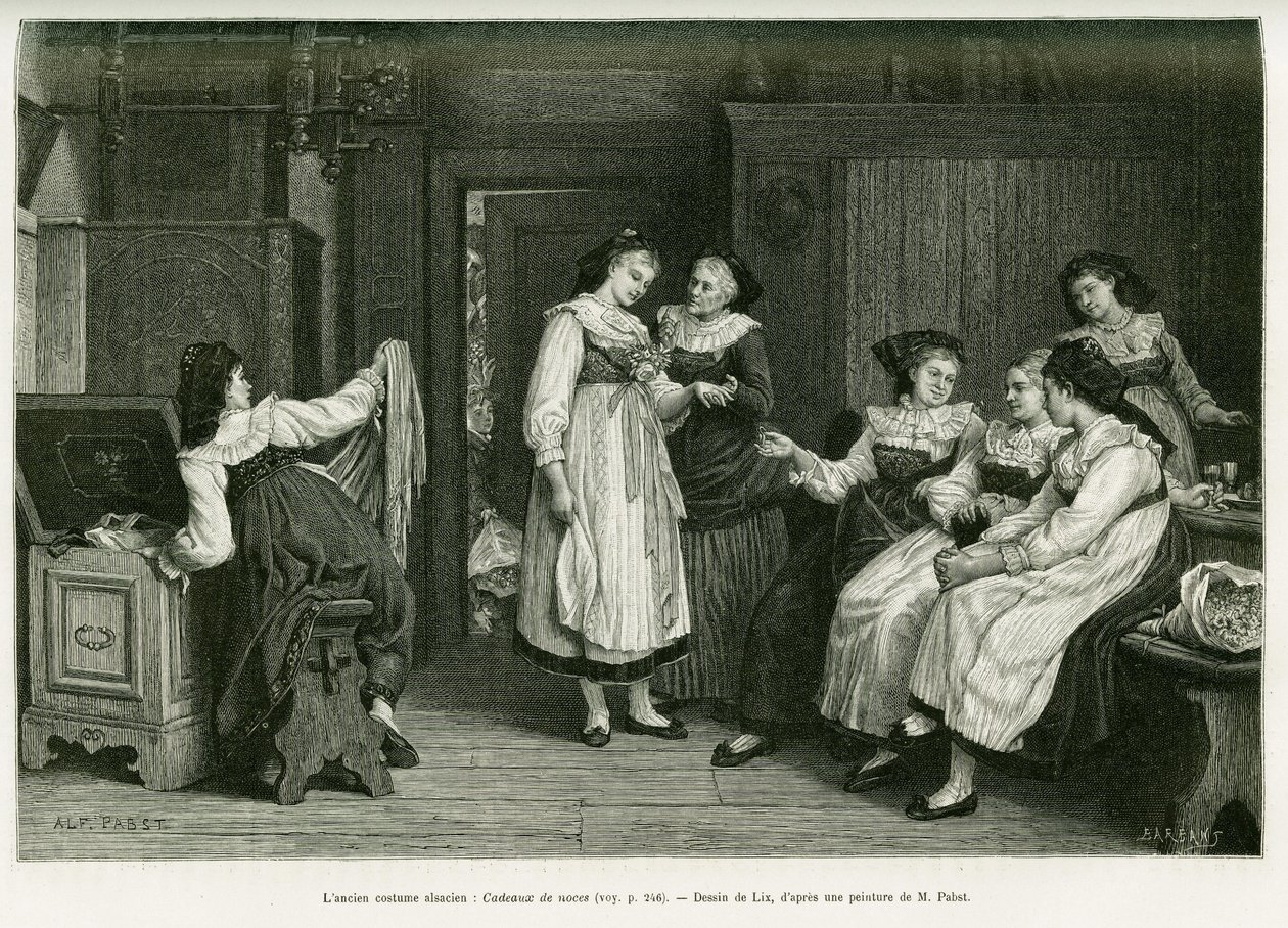 Il vecchio costume alsaziano. Incisione di Lix, dopo un dipinto Present de Noces di Pabst, per illustrare la storia Attraverso l