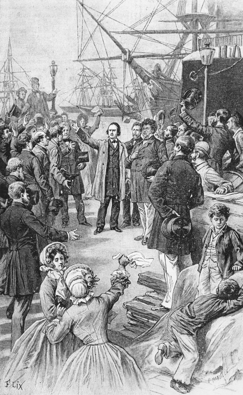 Victor Hugo (1802-85) saluta i suoi amici e sostenitori ad Anversa il 1° agosto 1852, c.1885 da Frederic Theodore Lix