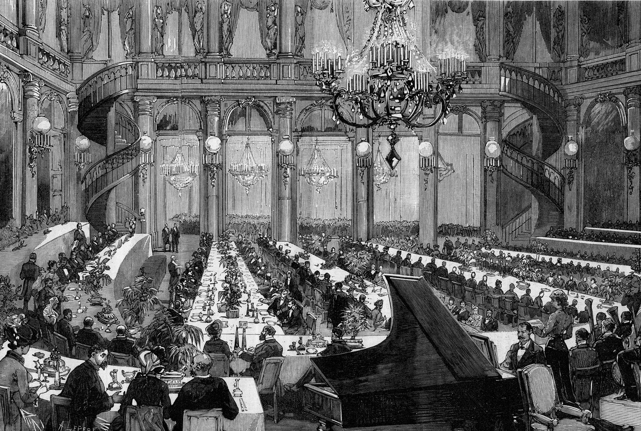 Concerto a cena nella sala festiva del Grand Hotel de Paris. Incisione di De Haenen in “The Illustrous World” n°1250 del 12 marzo 1881 da Frederic de Haenen