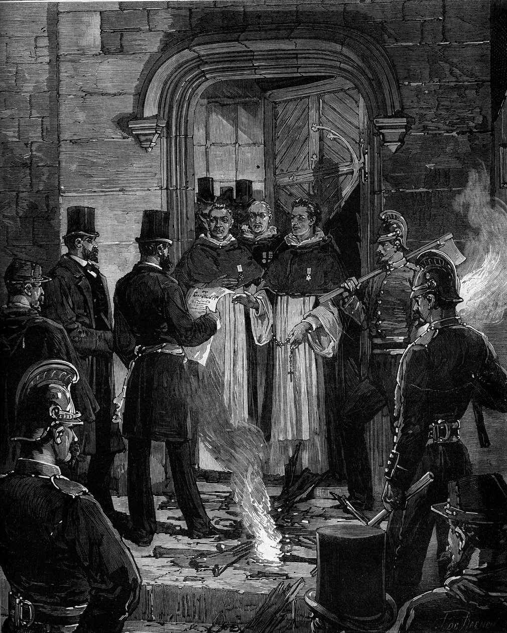 Espulsione dei Domenicani da Rue de Jean de Beauvais a Parigi a seguito dei decreti del marzo 1880 presi da Jules Ferry e che rimuovono il diritto di insegnare ai membri delle congregazioni religiose non autorizzate: lettura dell
