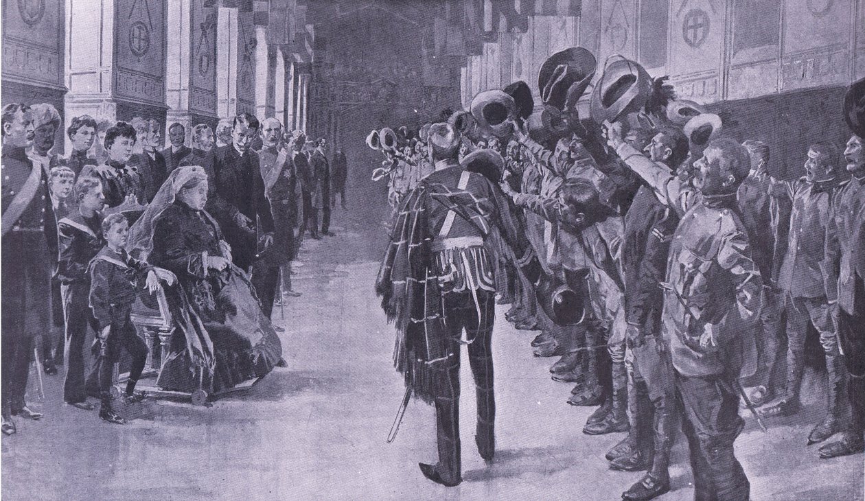 La regina Vittoria ispeziona i coloni invalidi nella St Georges Hall, Windsor, illustrazione da After Pretoria: The Guerilla War, 1902 da Frederic de Haenen