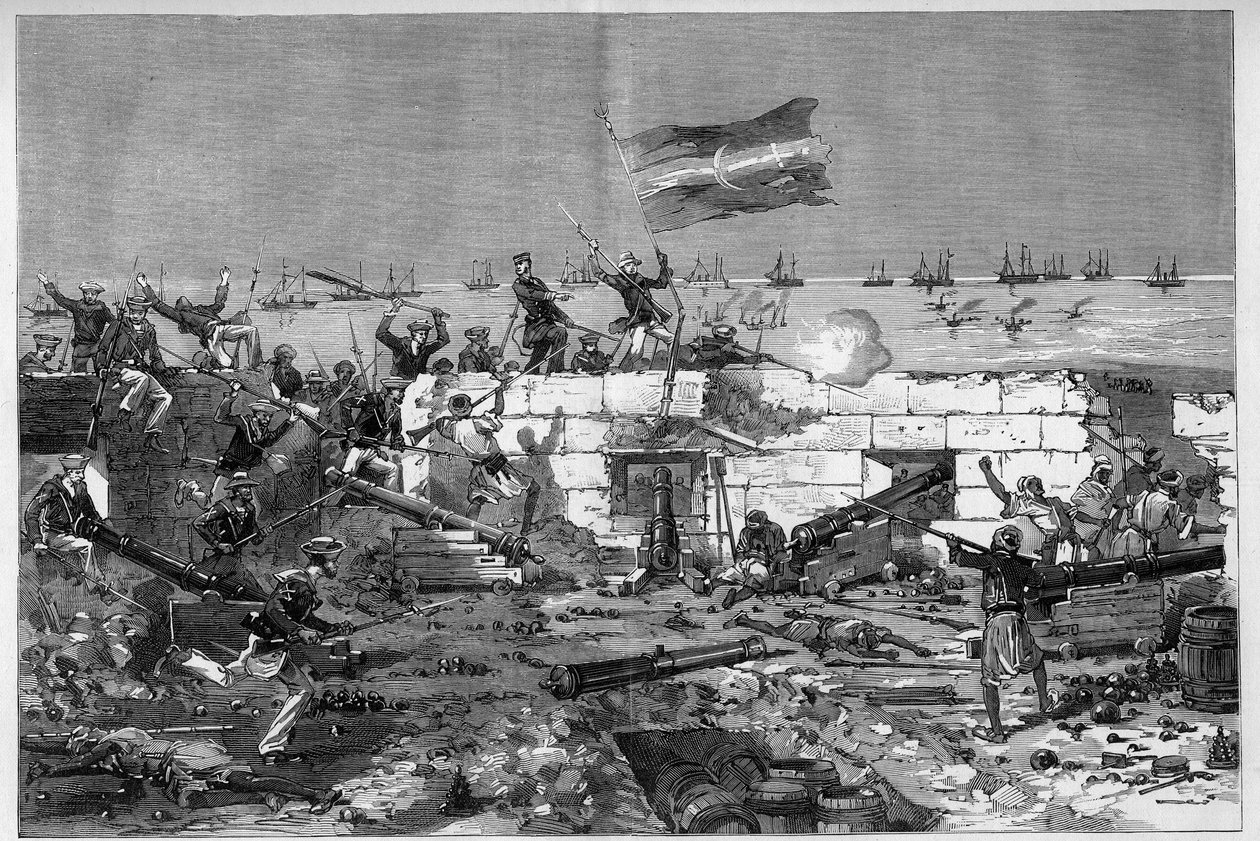 Tunisia, luglio 1881: le truppe francesi prendono la città di Stax dopo la rivolta degli abitanti contro il protettorato francese della Tunisia. Fucilieri marini smontano la batteria circolare. Incisione di De Haenen in 